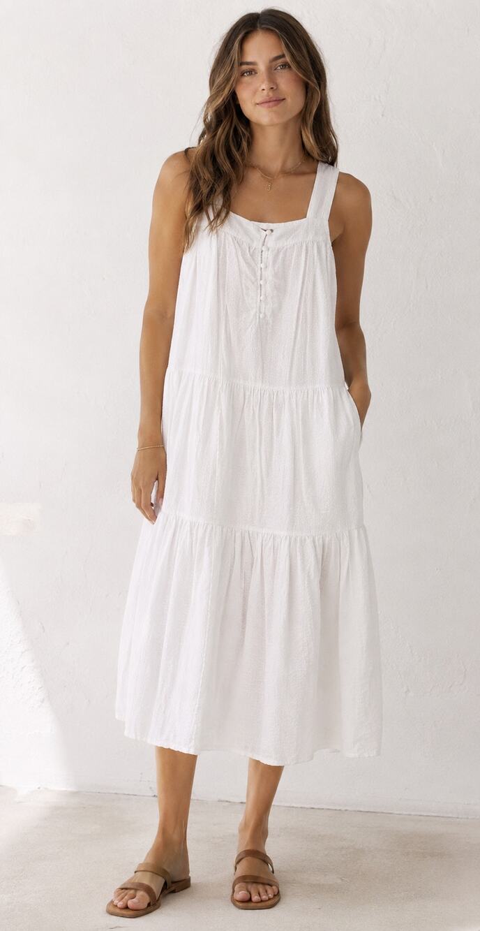 Faherty White Seersucker Tiered Midi Dress Sleeveless Women's Size Small